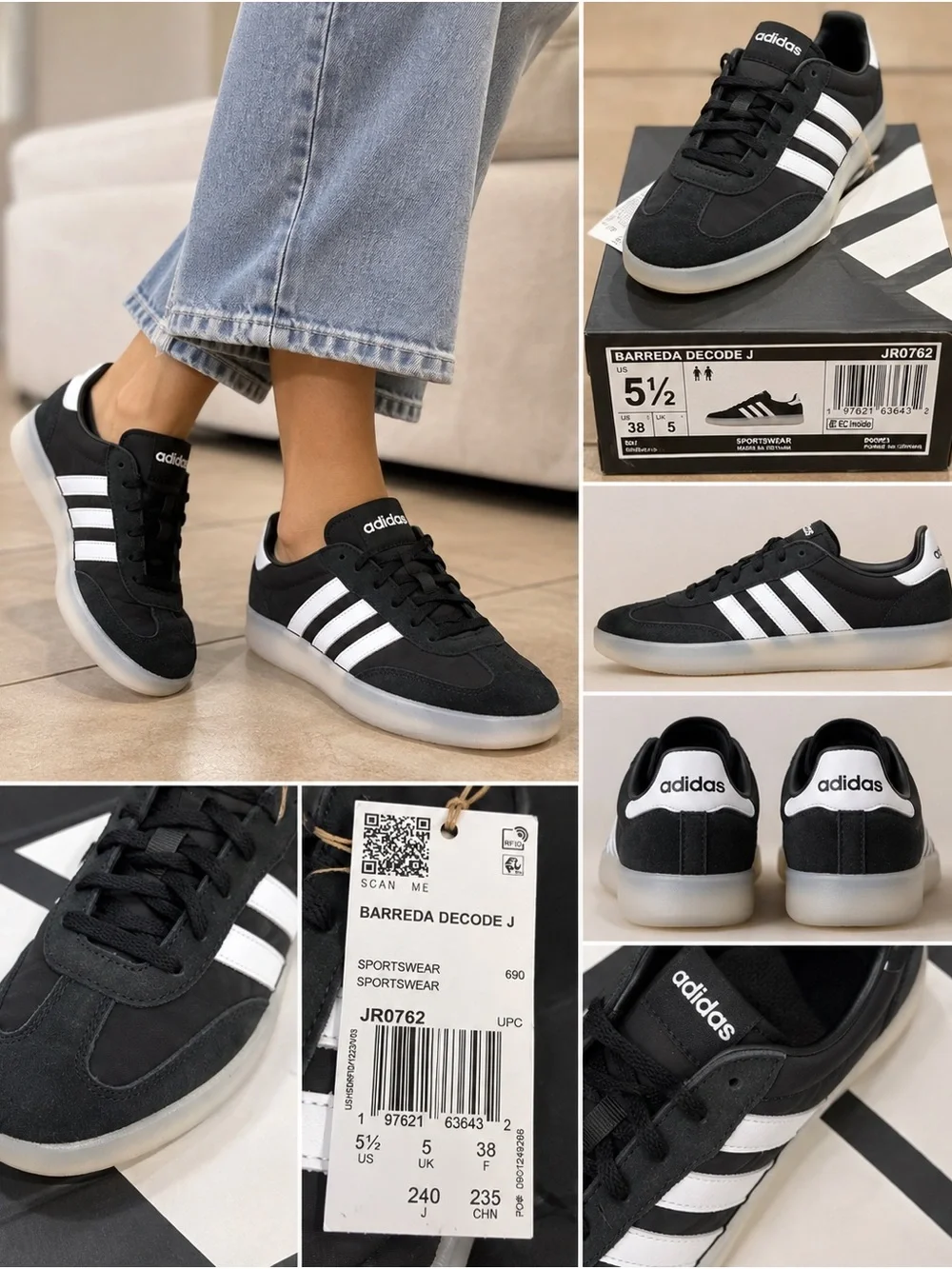 adidas Barreda Decode J Black with White Stripes Sneakers